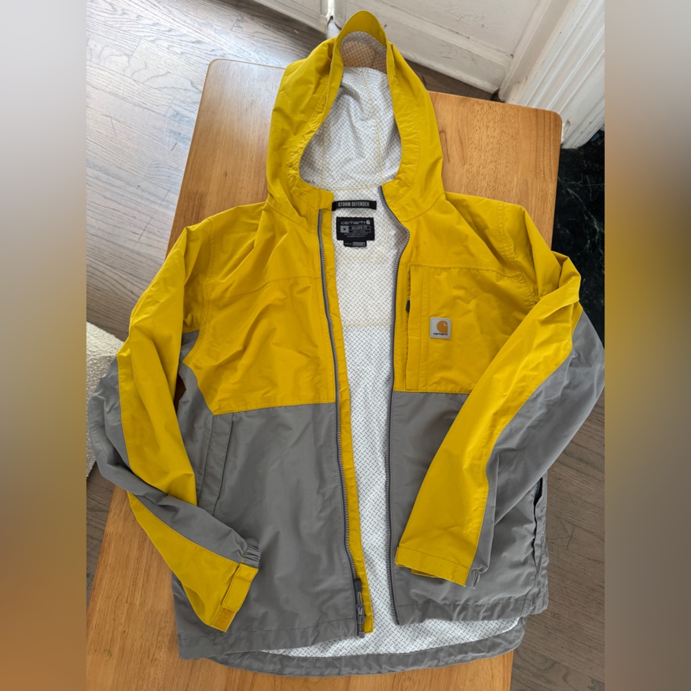 Carhartt Yellow and Gray Hooded Rain Jacket